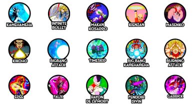Goku, Vegeta, Piccolo, Freezer et d'autres combattants utilisant les techniques emblématiques de Dragon Ball