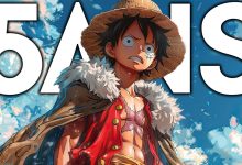 Luffy et les Chapeaux de paille dans One Piece, illustration sur le plan initial d’Oda en cinq ans