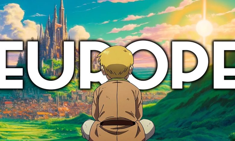 Paysage européen imaginaire avec château et village, inspiré des décors d’anime japonais
