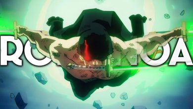 Roronoa Zoro combattant avec ses trois sabres dans One Piece
